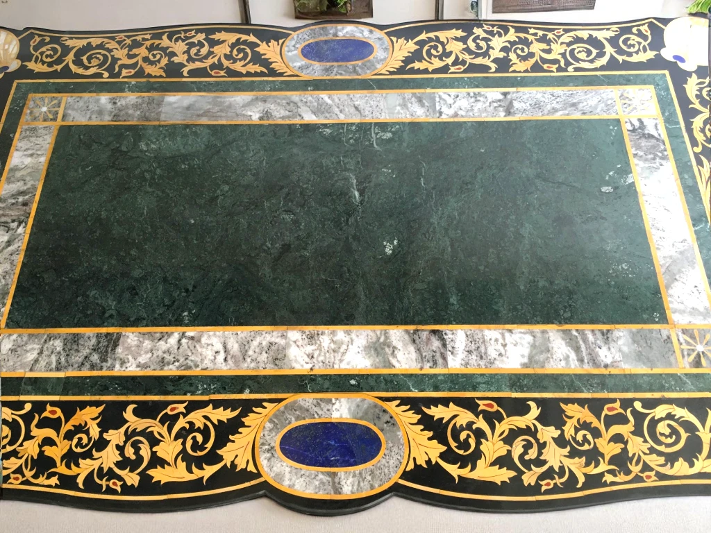 Green Marble Dining Table with Multi-Gemstone Inlay – Luxury Centerpiece